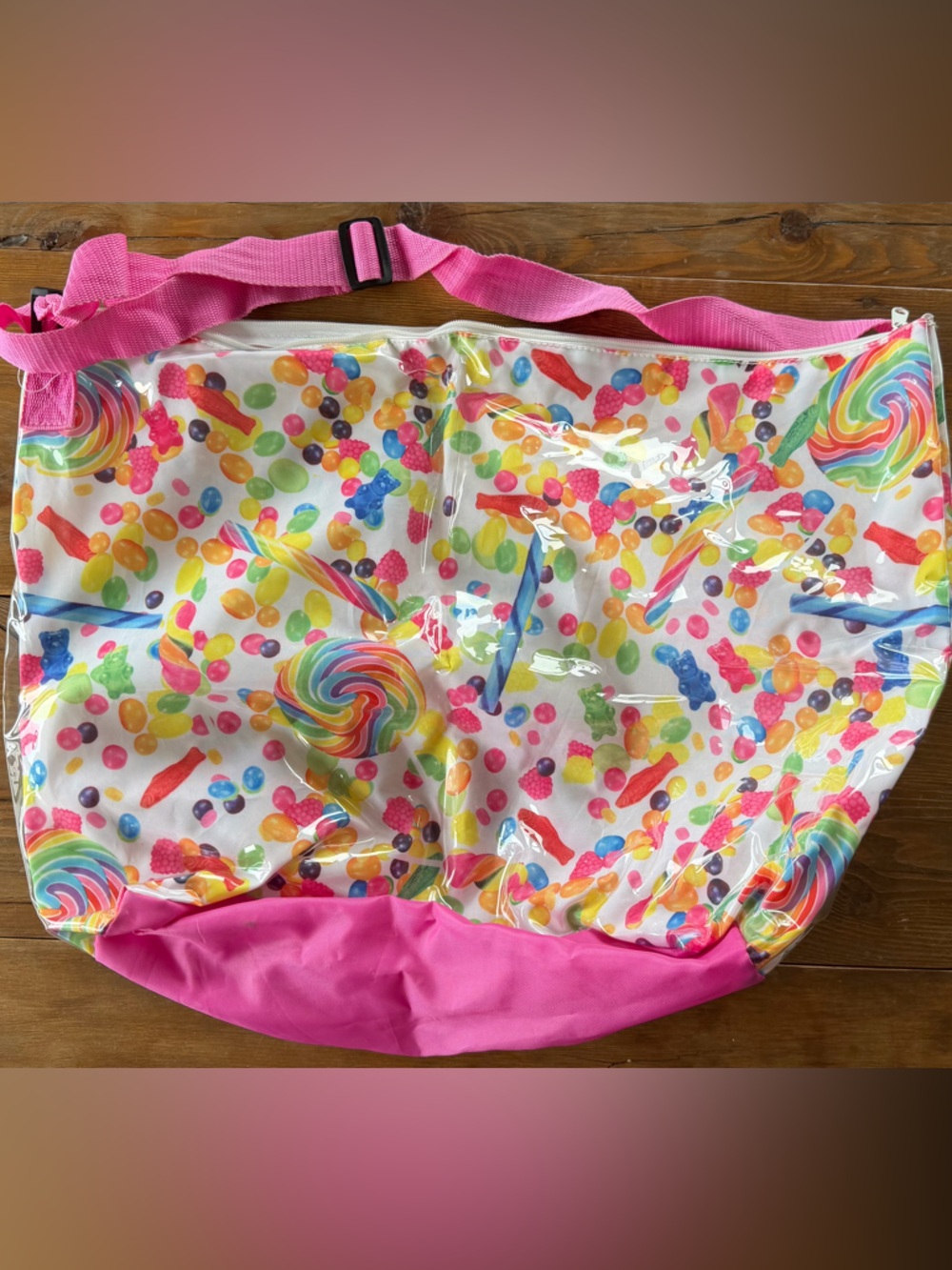 Candy Print Clear Vinyl Travel Duffle with Pink Strap